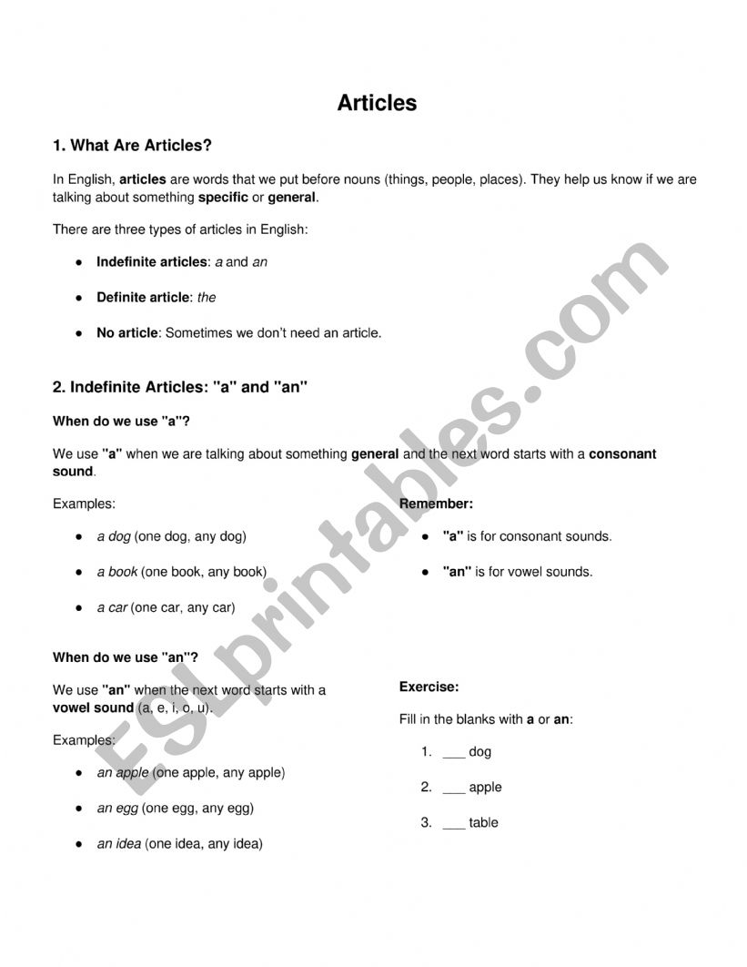 Articles worksheet