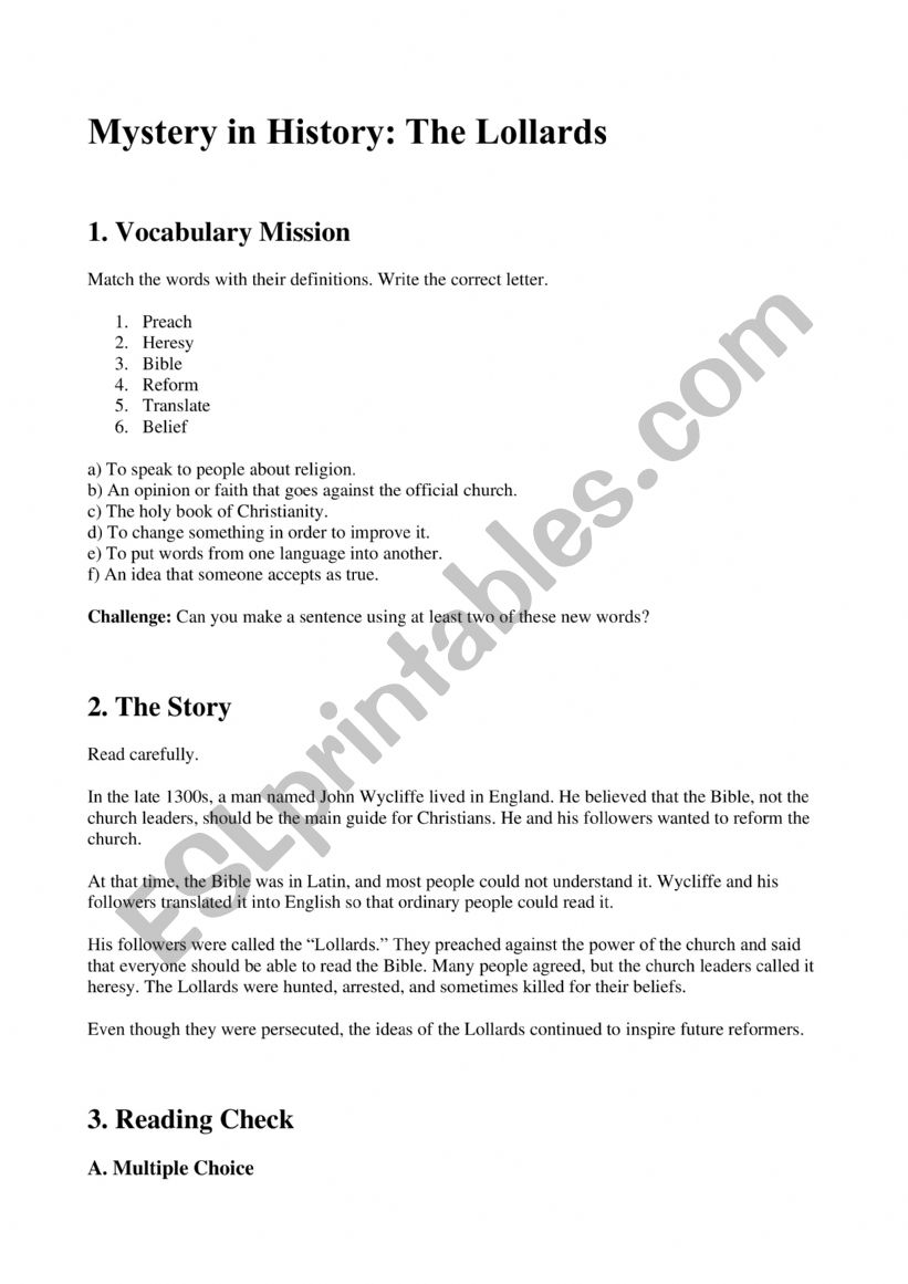 Mistery in History: Lollards worksheet