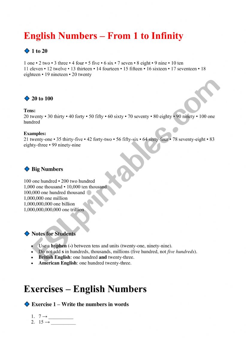NUMBERS worksheet