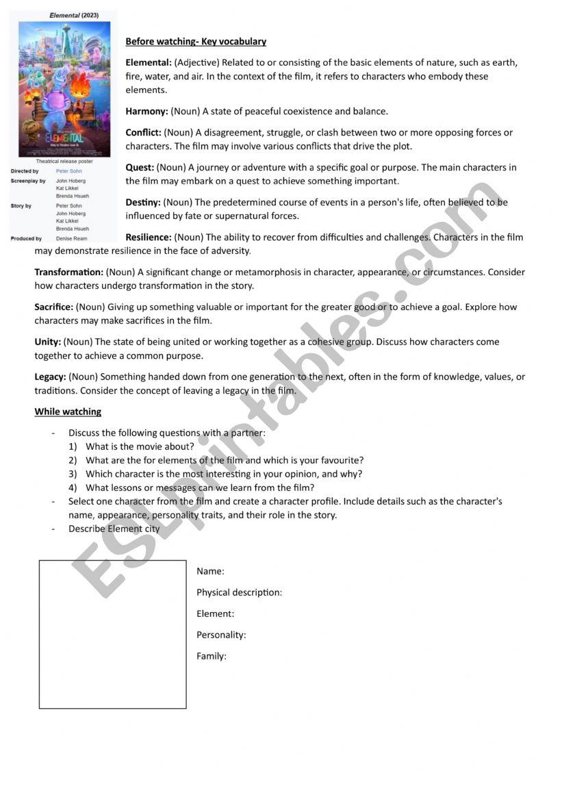 Elemental film (disney pixar) worksheet