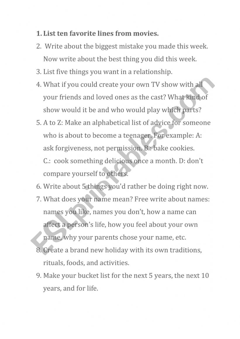 Creative activities worksheet