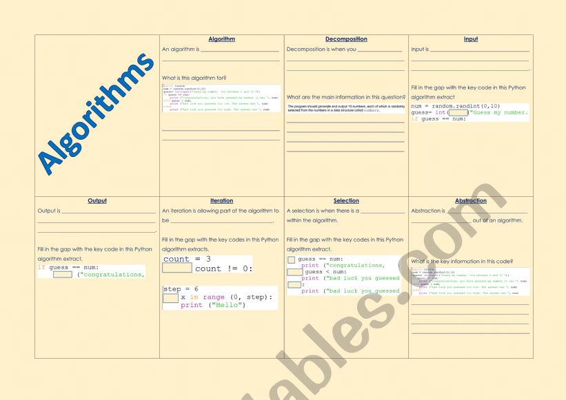 Algorithm Knowledge Organiser worksheet