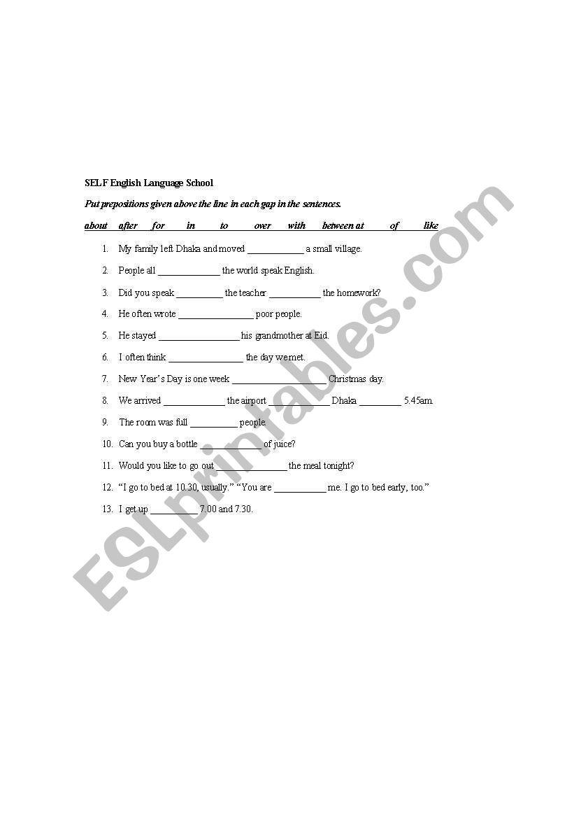 Prepostion mix worksheet