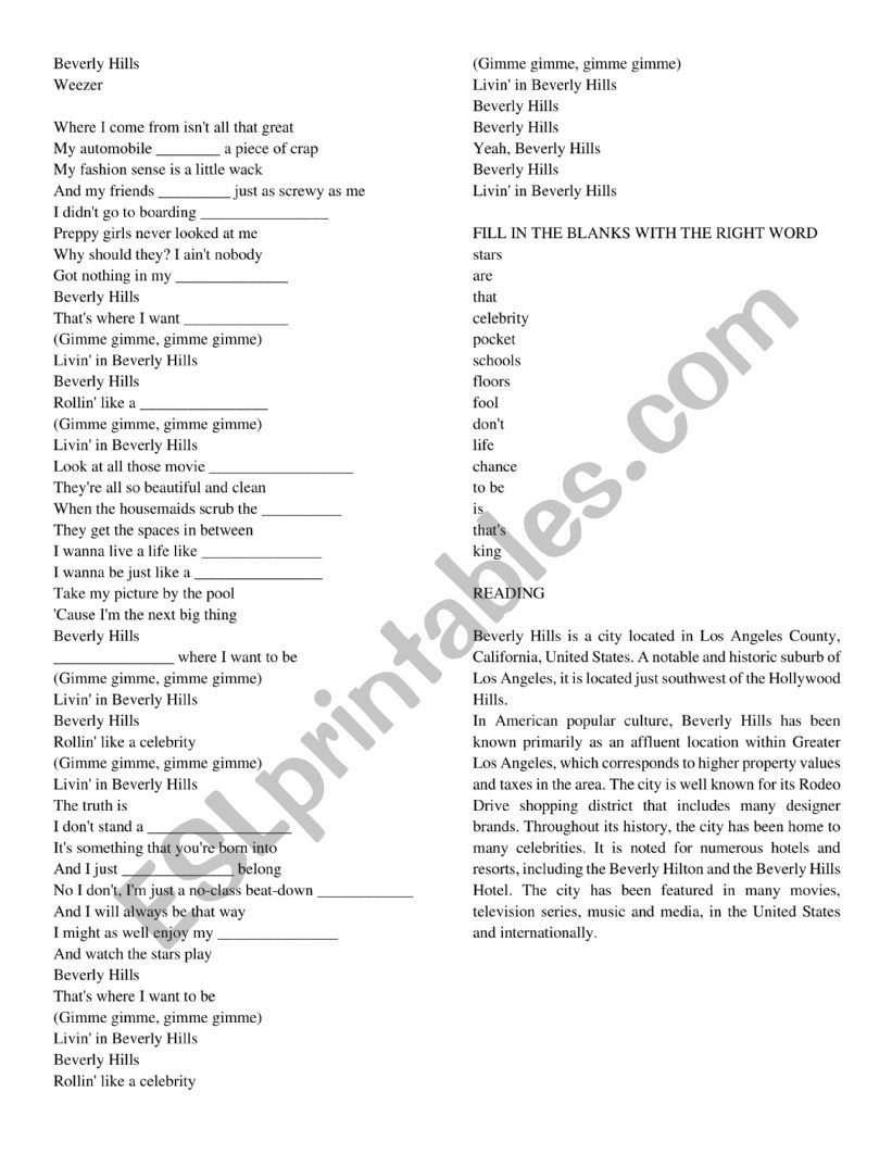 Beverly Hills by Weezer worksheet
