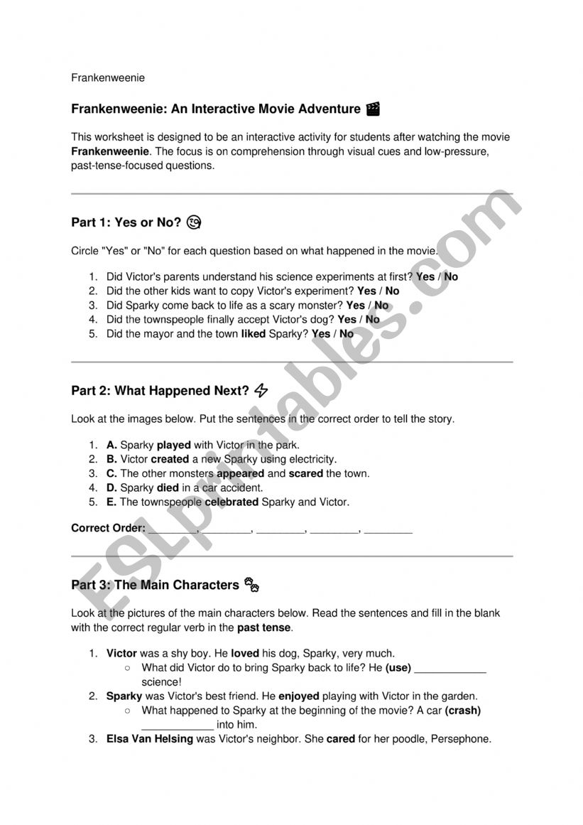 Frankenweenie worksheet