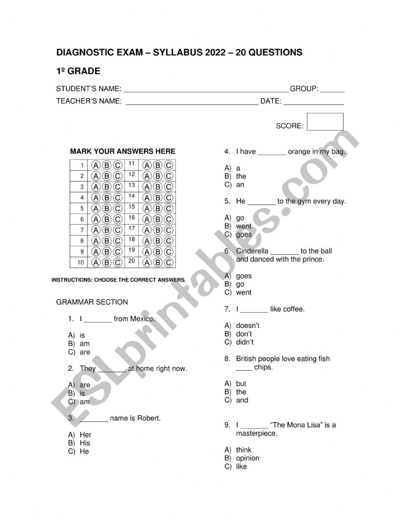 Diagnostic exam worksheet
