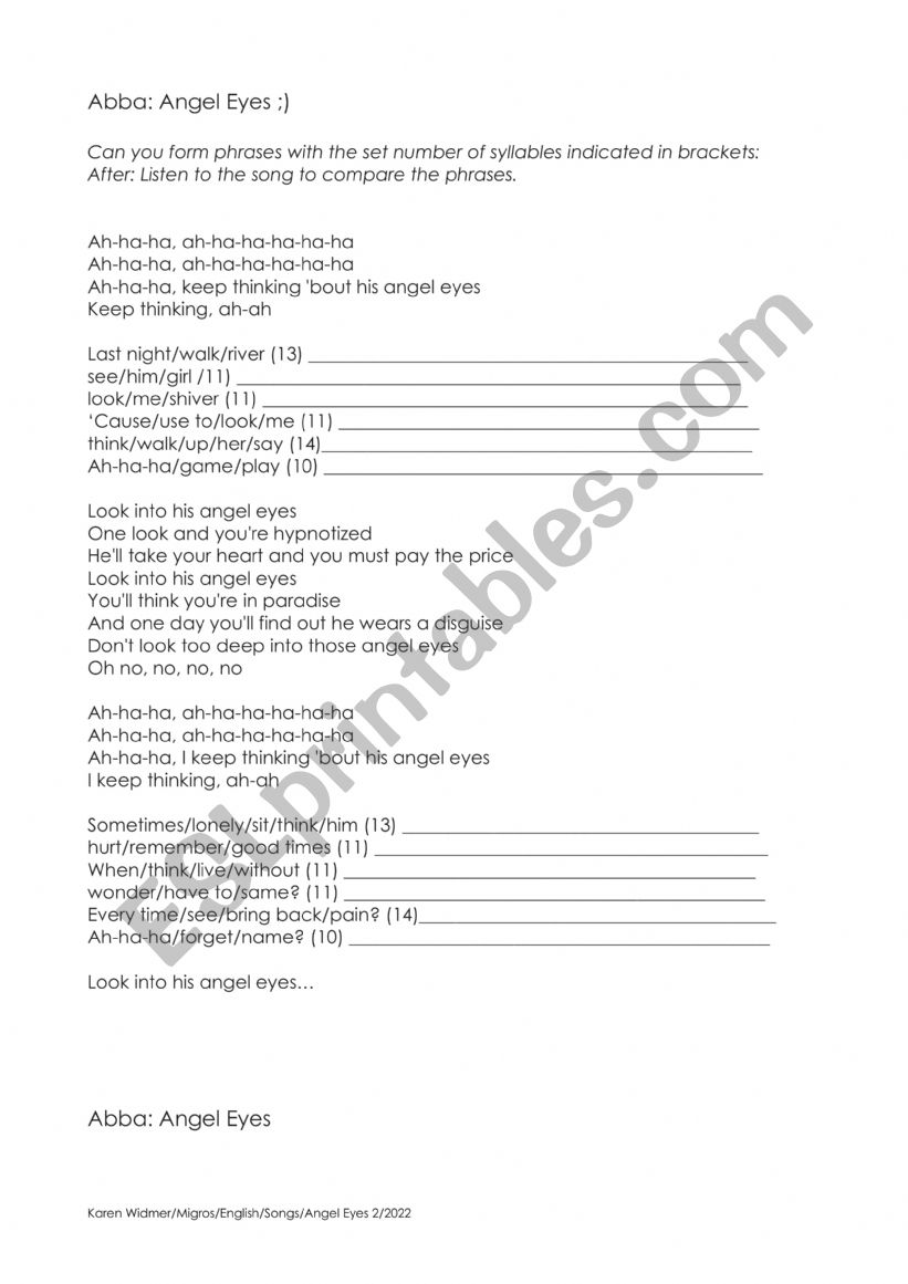 Angel Eyes - Writing Phrases worksheet