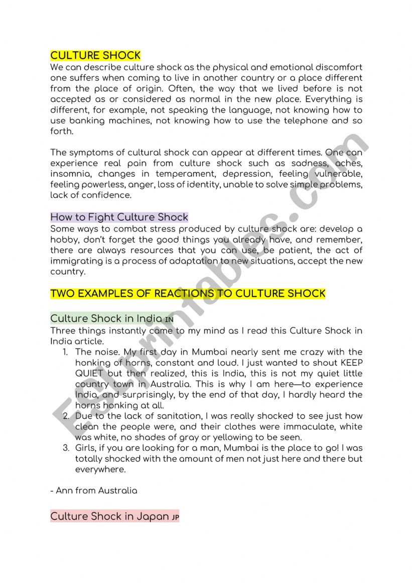 Culture shock  worksheet