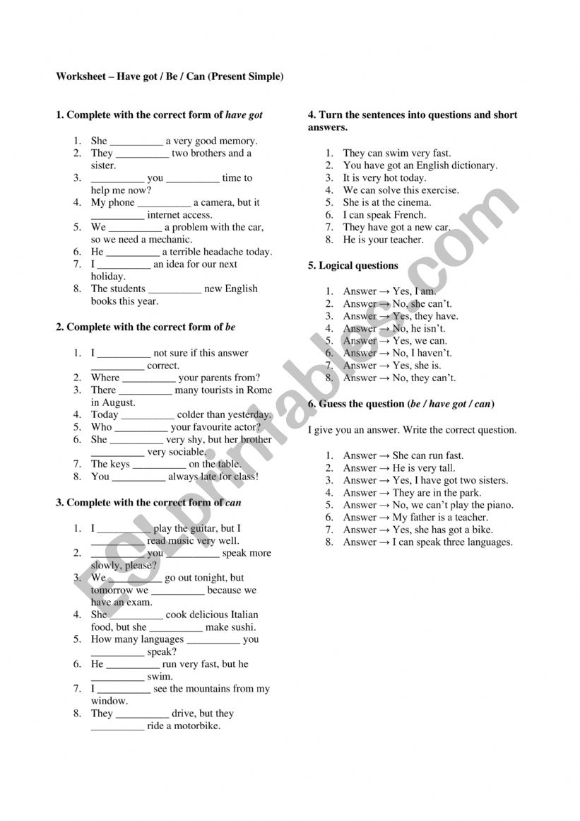TOBE HAVE GOT CAN REVIEW worksheet