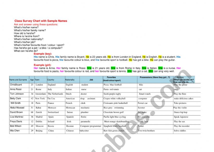 Identity Card worksheet