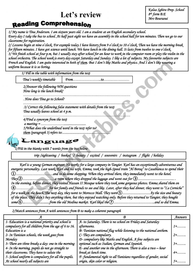 review 8th form worksheet