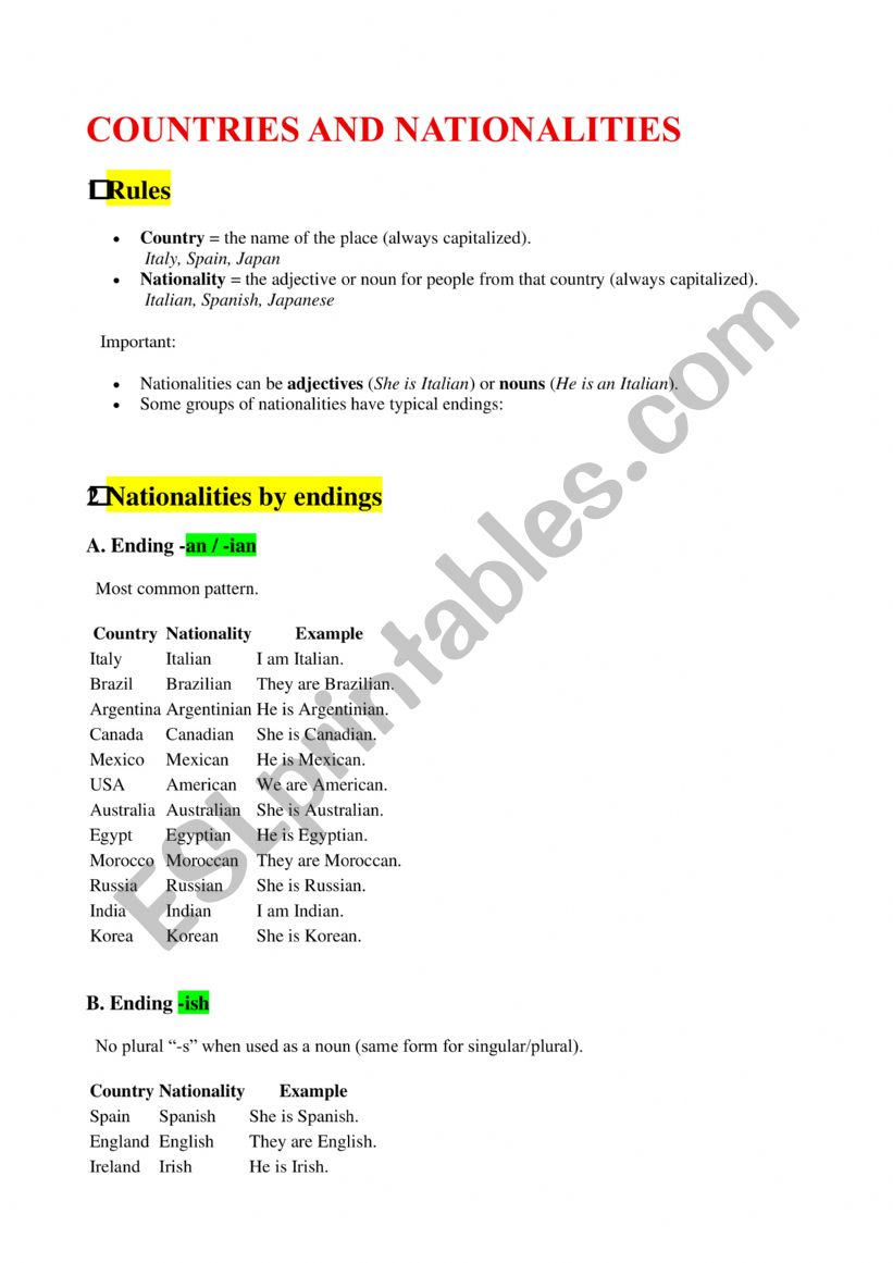 COUNTRIES AND NATIONALITIES worksheet