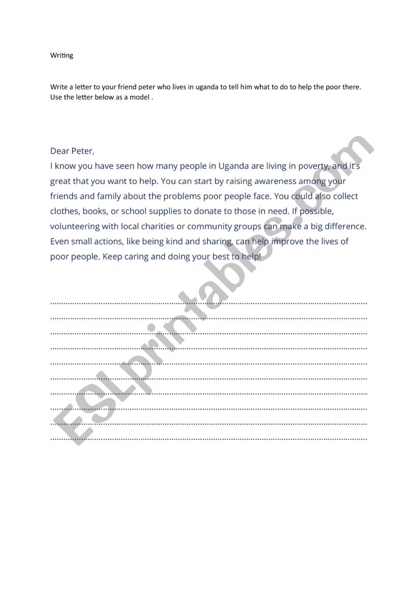 write a letter to tell a friend how to help poor people in uganda