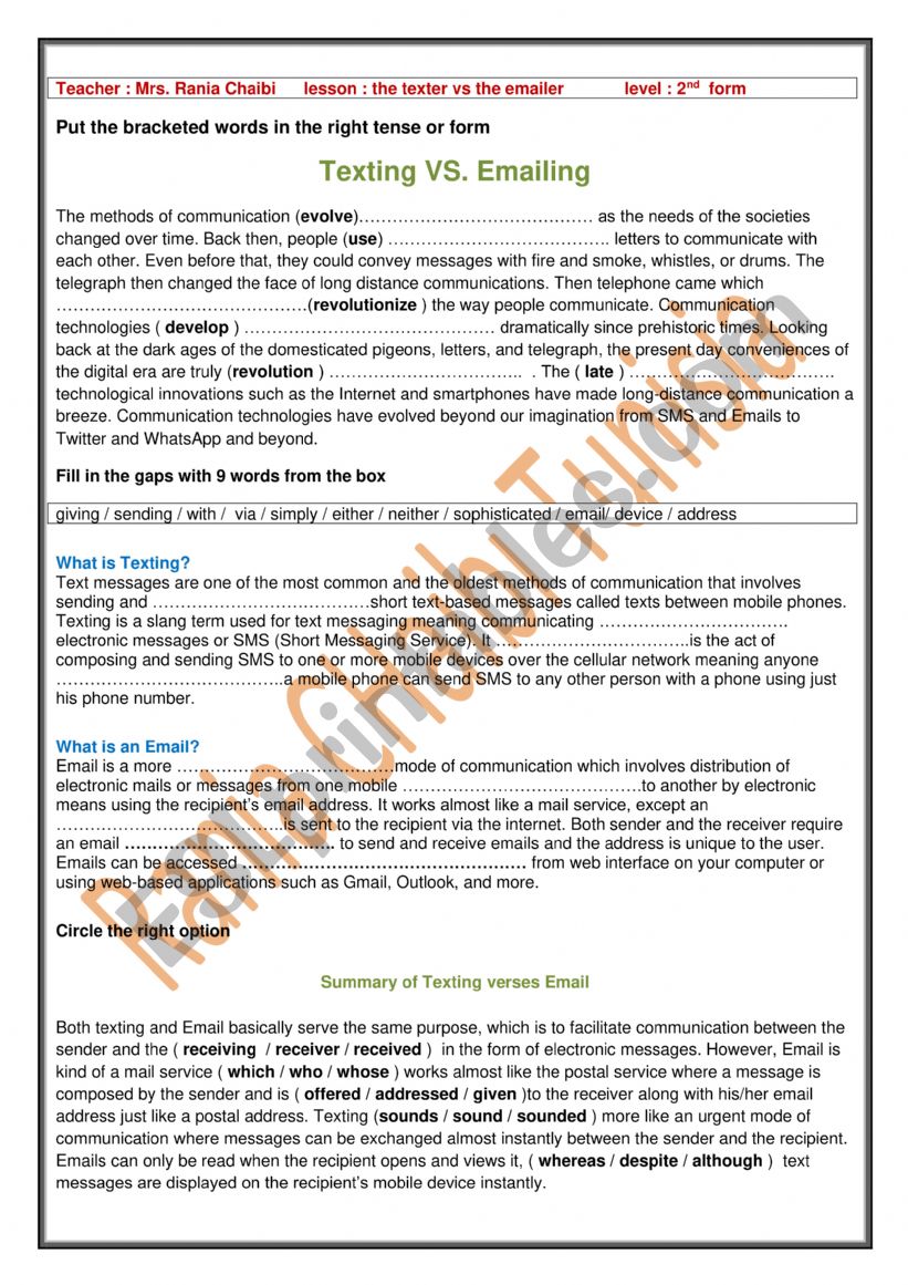the texter vs the emailer worksheet