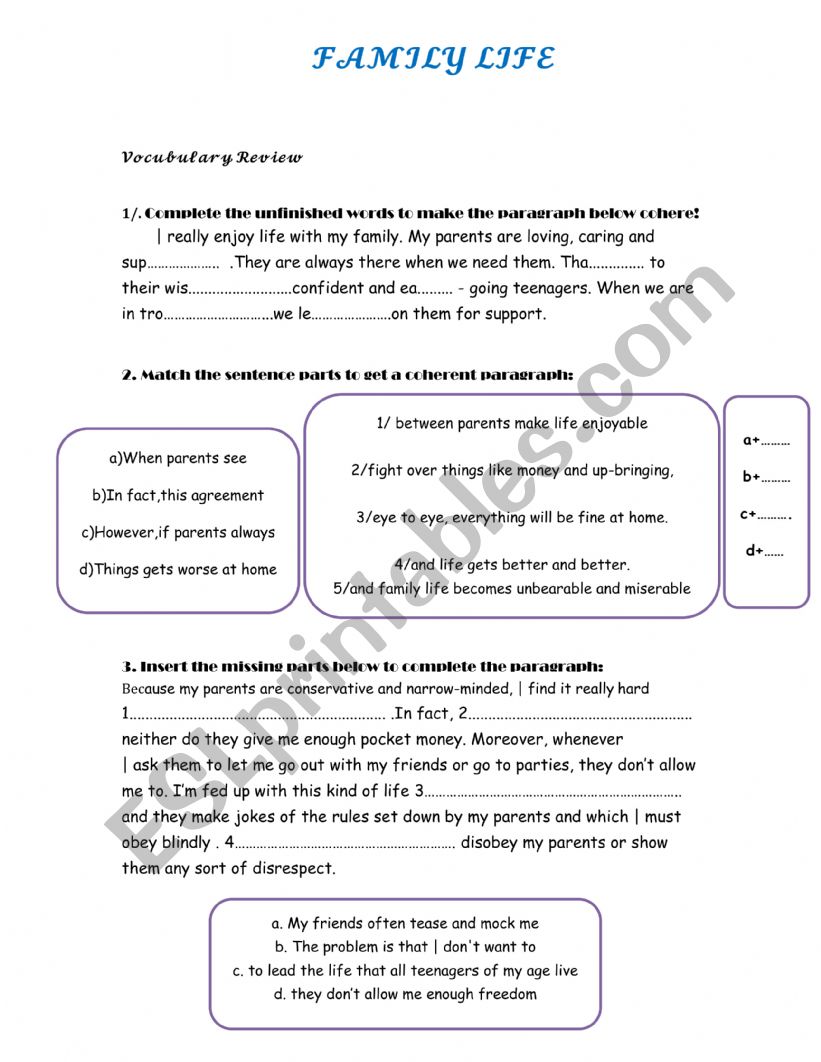 FAMILY LIFE REVIEW worksheet