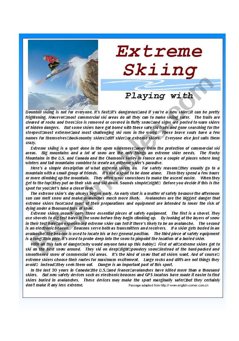 Extreme Skiing worksheet