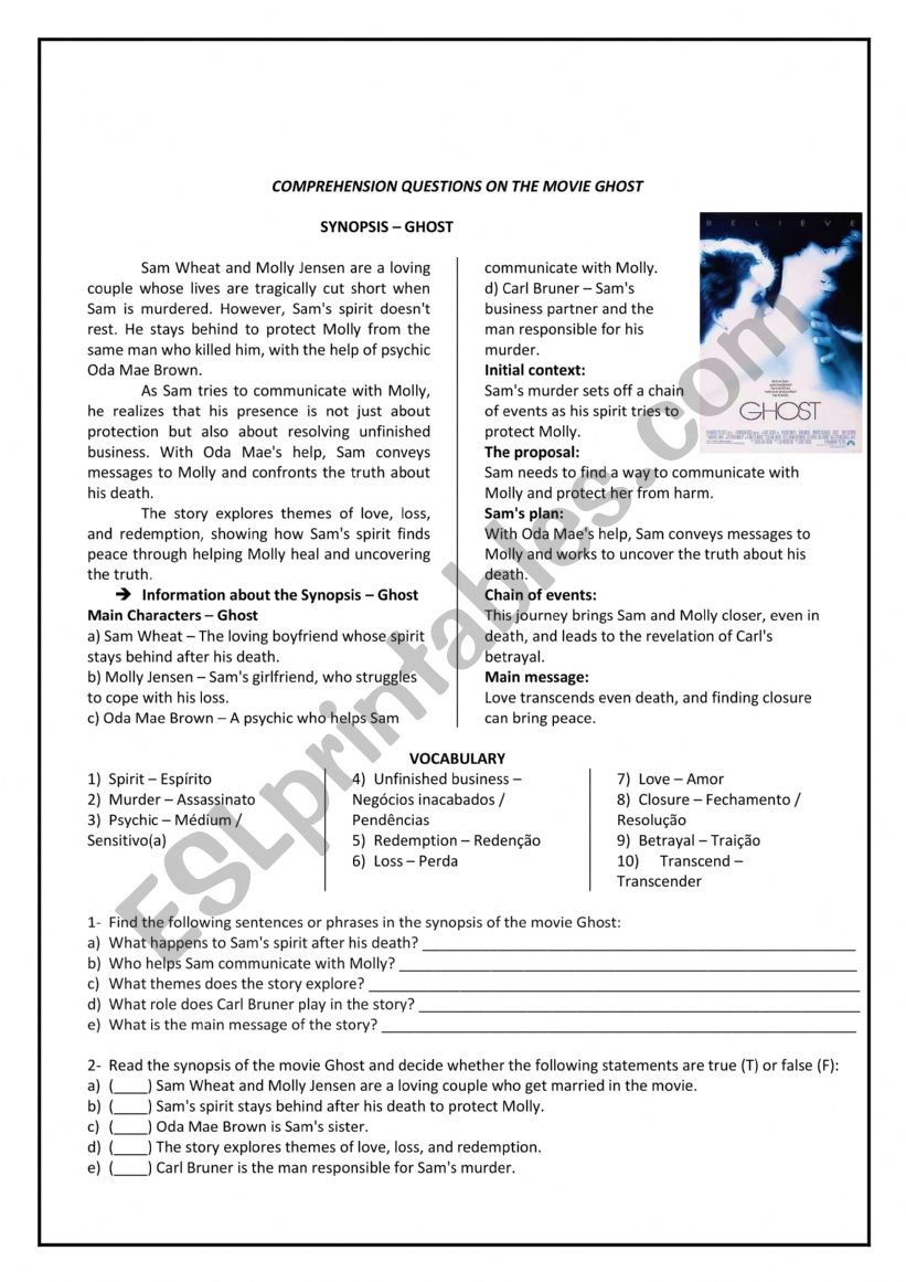 Comprehension questions on the movie Ghost
