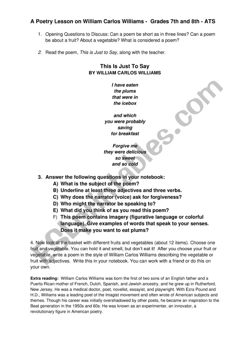 William Carlos William poetry task