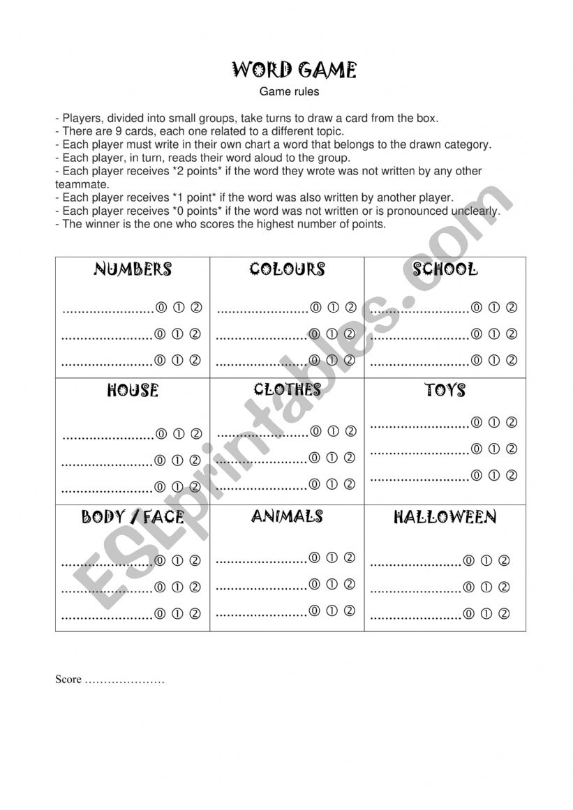 Word game worksheet