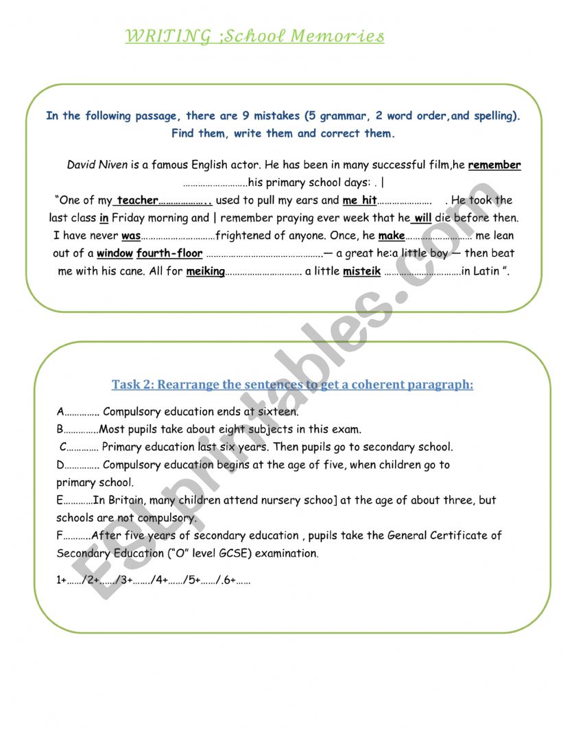 WRITING :SCHOOL MEMORIES worksheet