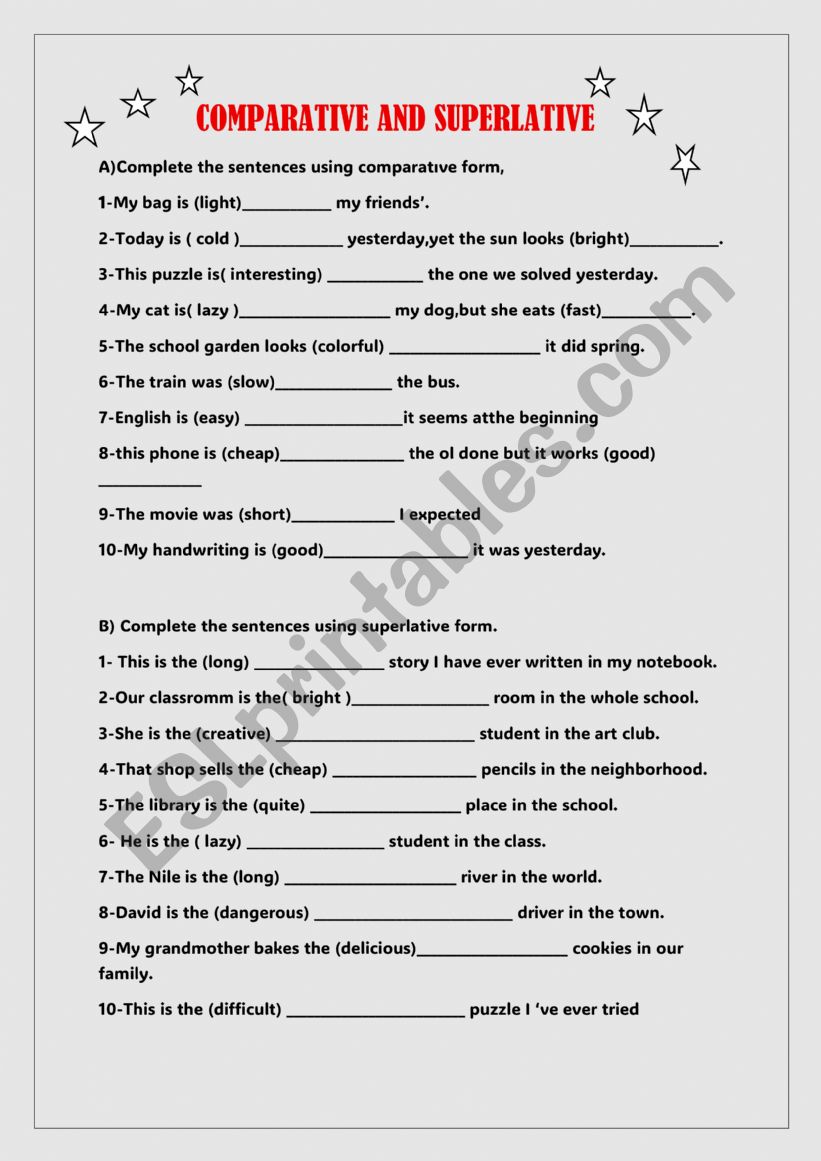 COMPARATIVE and SUPERLATIVE worksheet