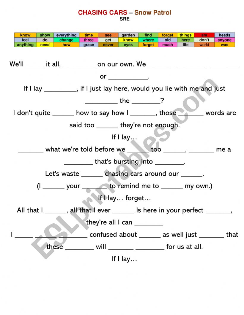 Chasing cars 2025 version worksheet