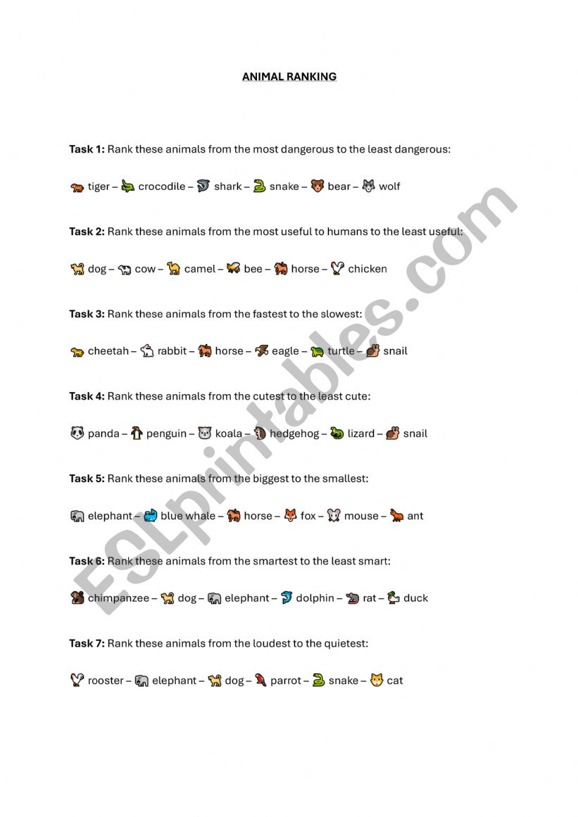 Animal ranking (A1/A2) worksheet