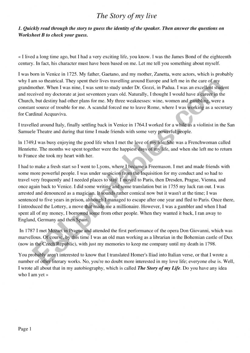 The strory of my life worksheet