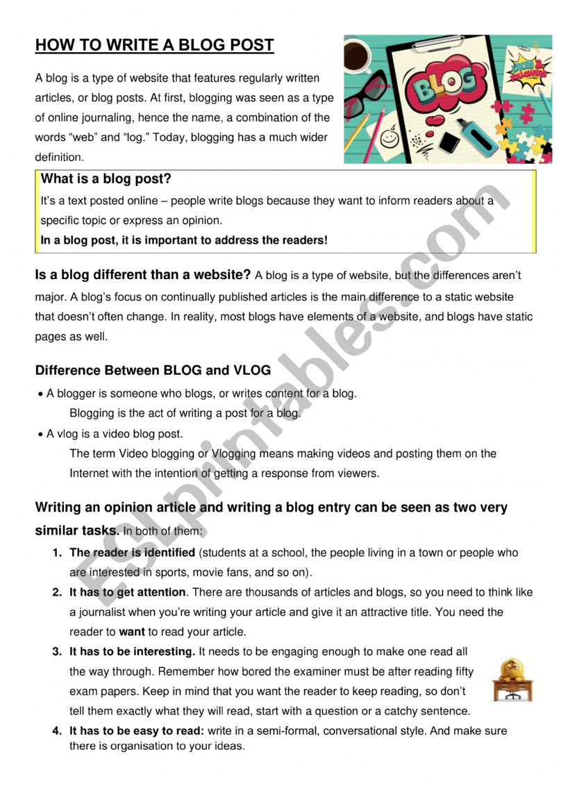 How to write a Blog Post worksheet