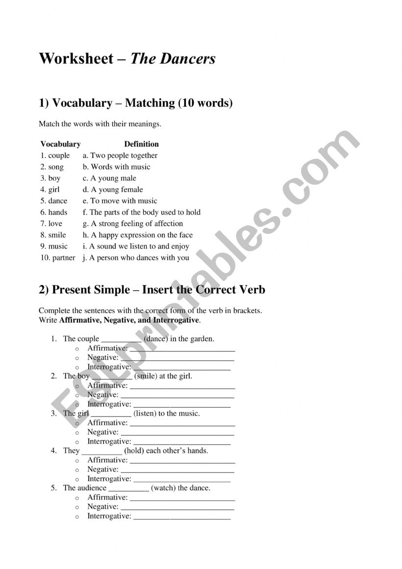 Worksheet  Present Simple ( Affirmative, negative and interrogative form)