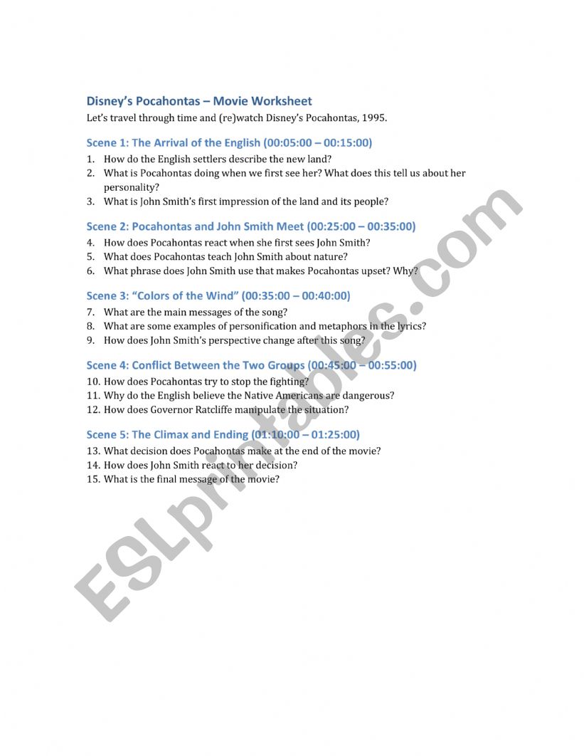 Pocahontas movie worksheet
