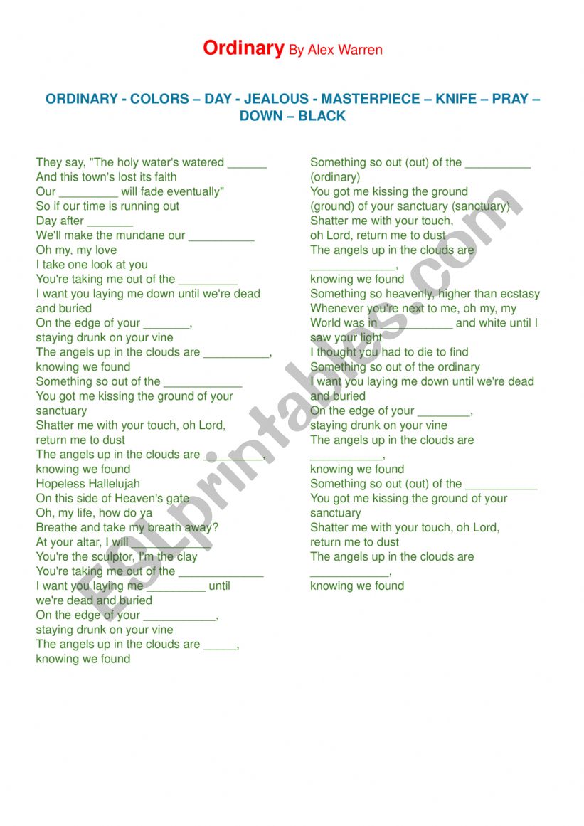 SONG - ORDINARY worksheet