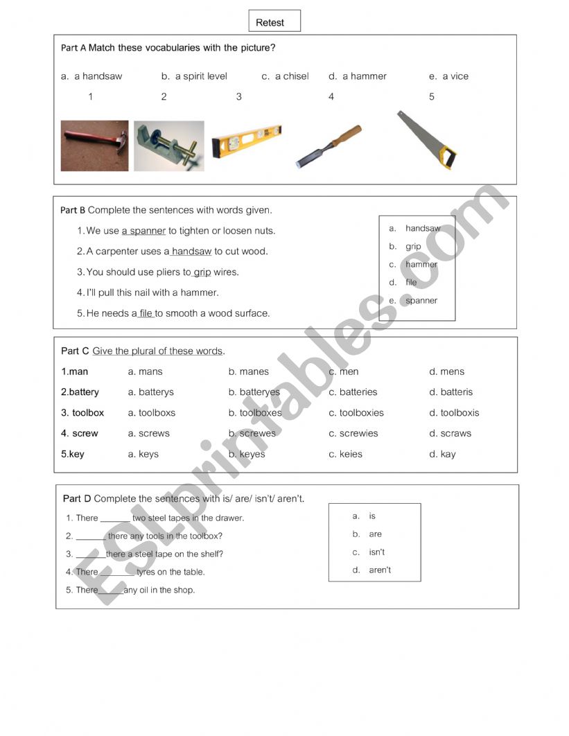 Test English for technical worksheet