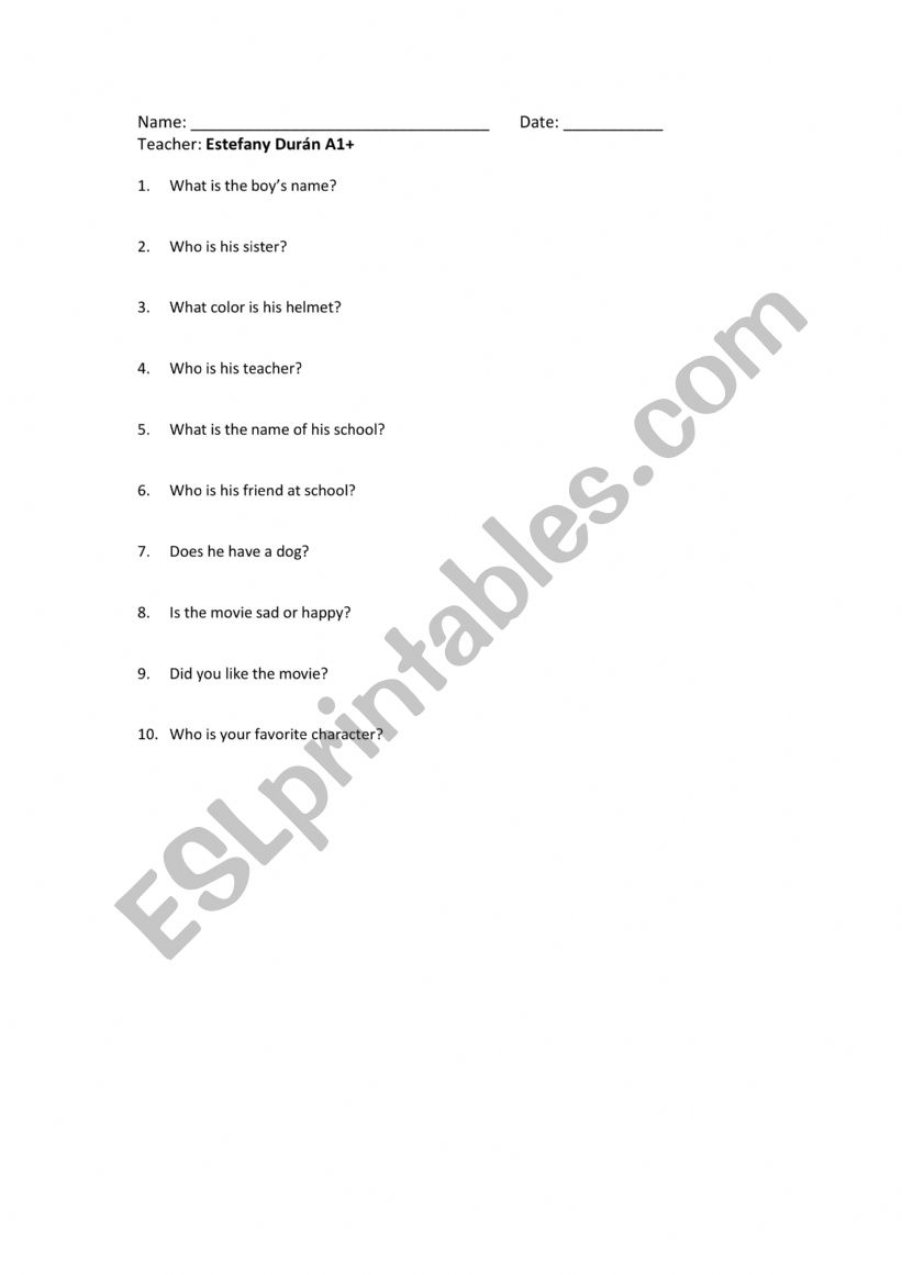 movie wonder questionaire worksheet