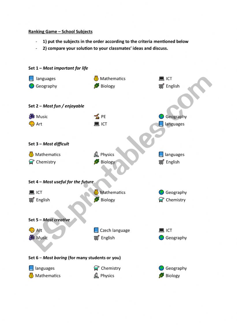 Ranking Game - School Subjects