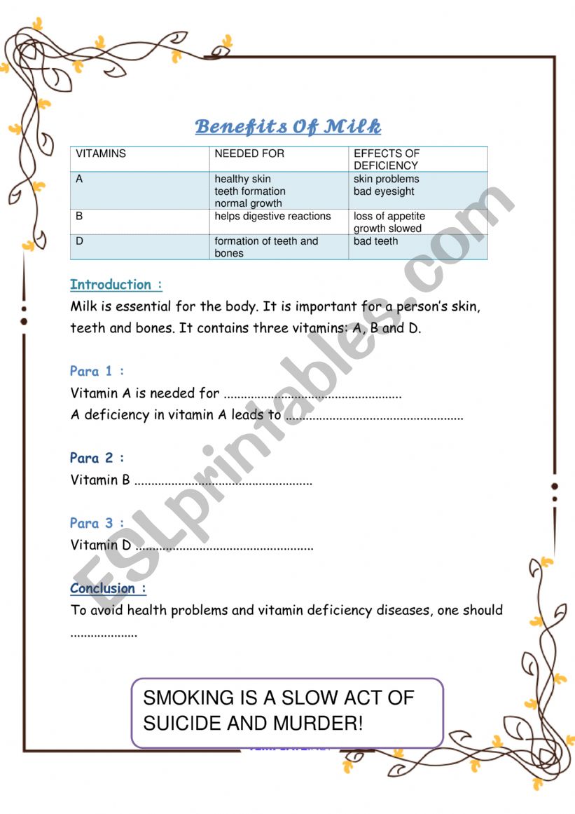 Health .BENEFITS OF MILK  worksheet