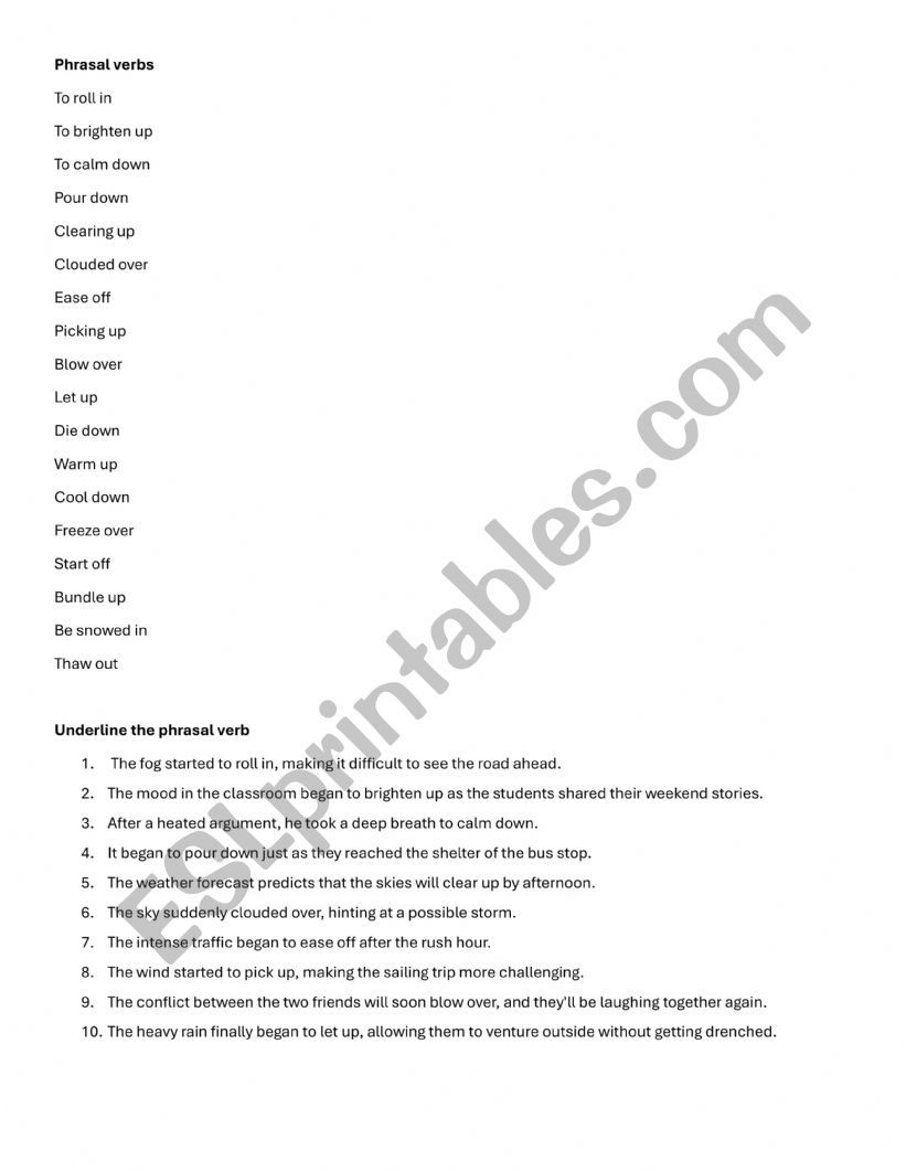 Phrasal verbs (weather unit) worksheet