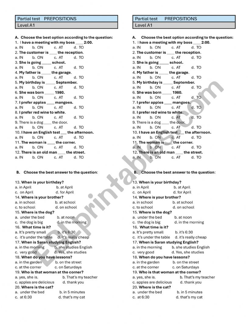 Prepositions test worksheet
