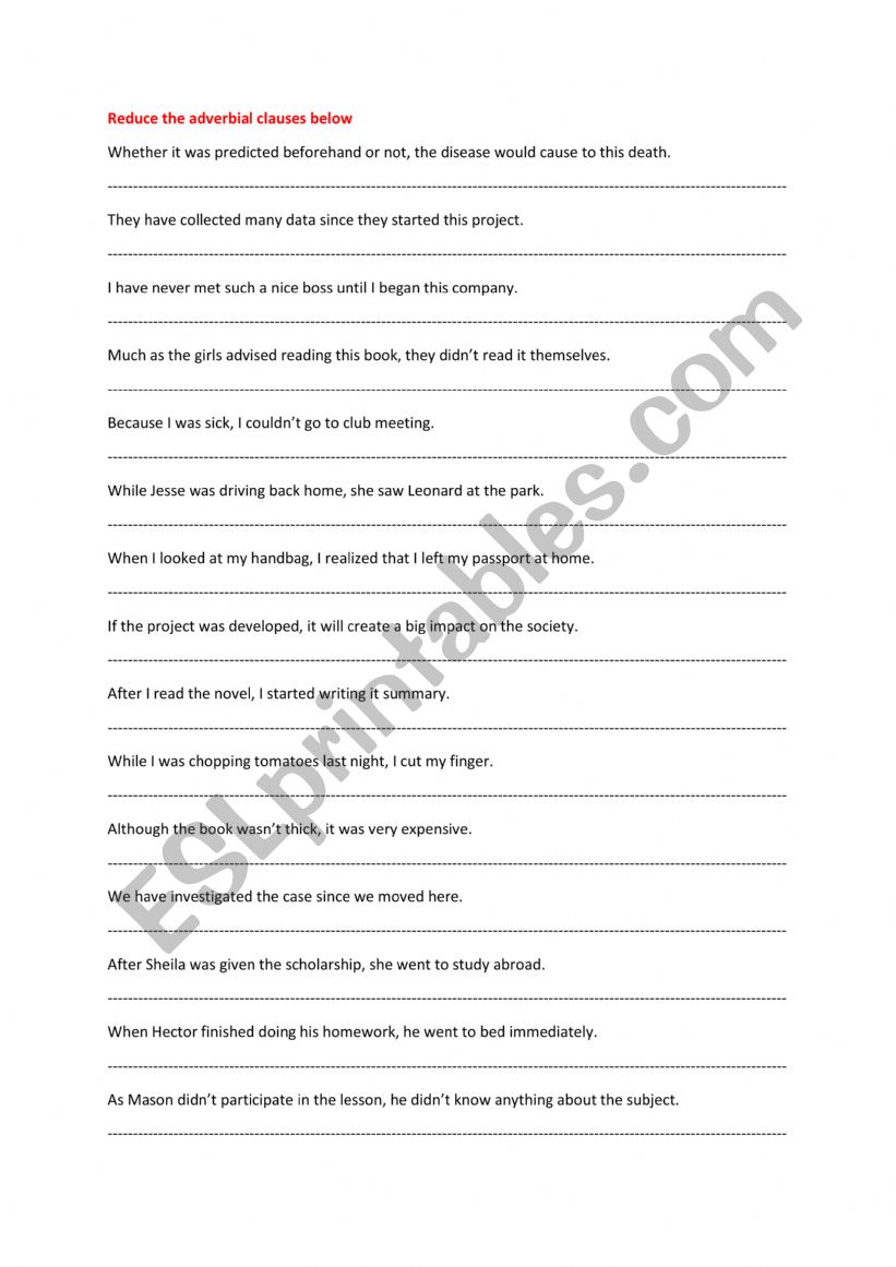 Reduced Adverbial Clauses worksheet