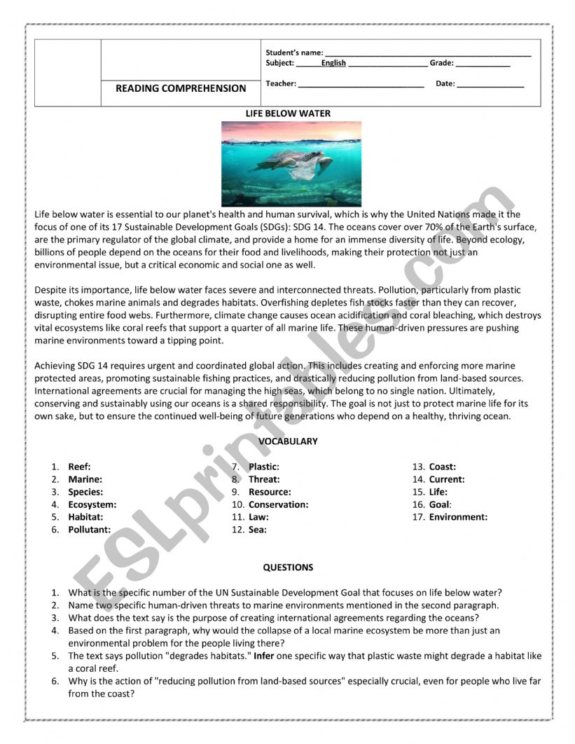 LIFE BELOW WATER worksheet