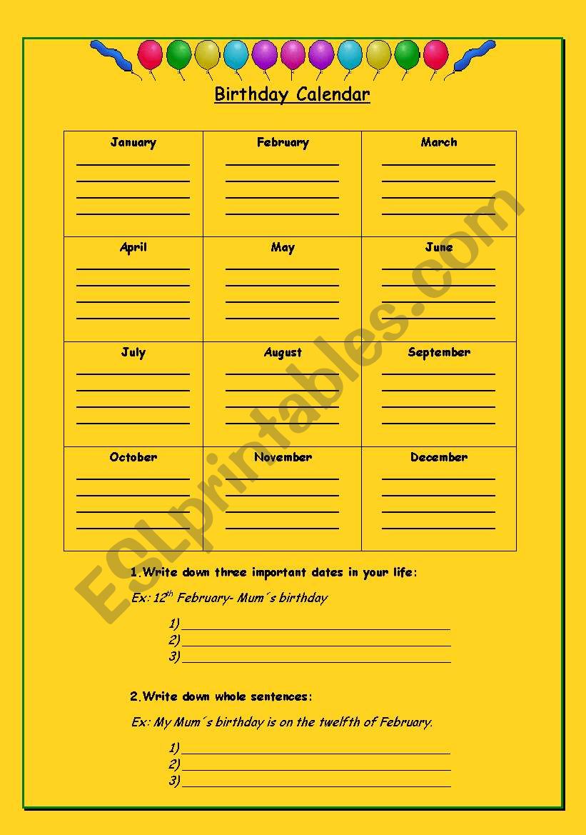 Birthday Calendar worksheet