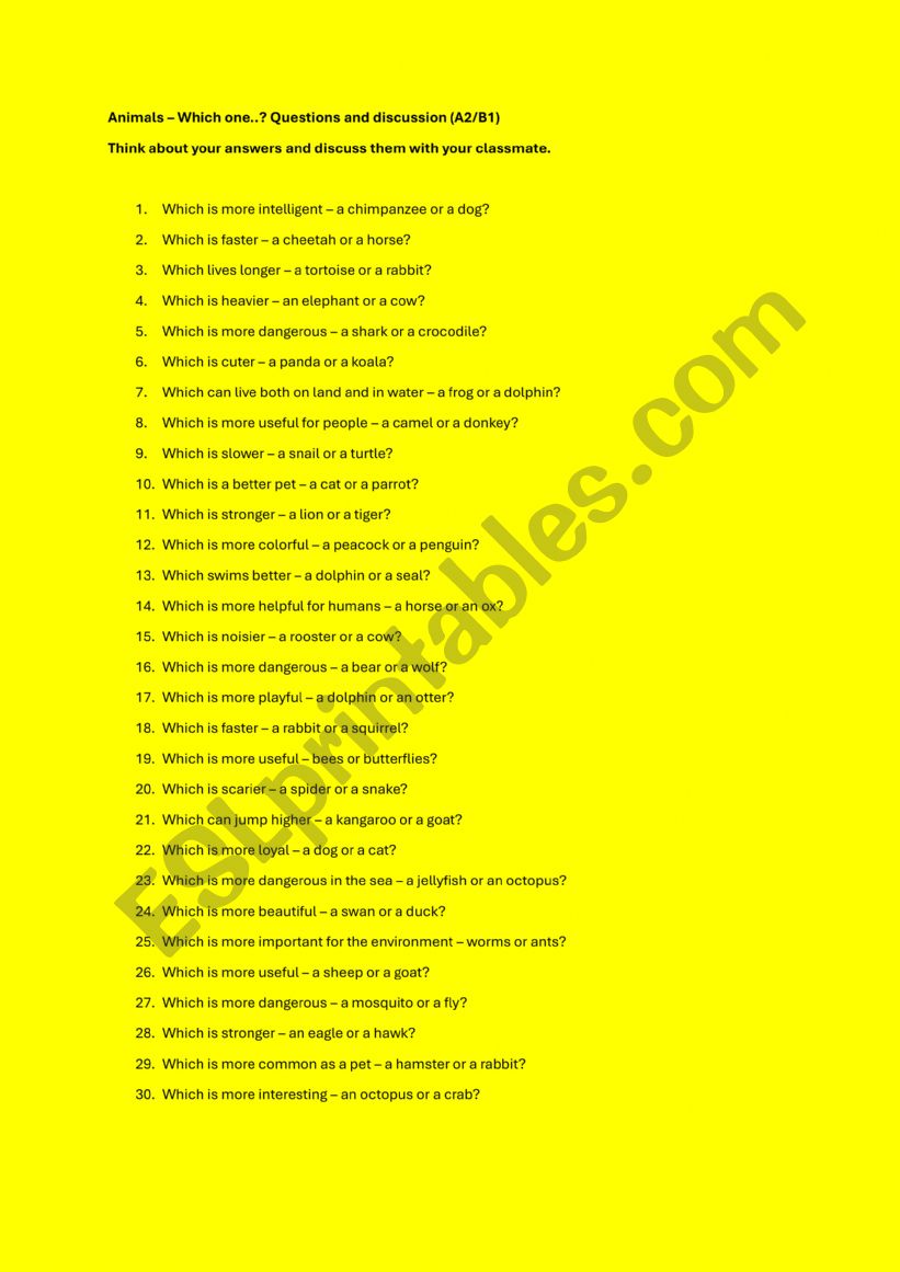 Animals  Which one..? Questions and discussion (A2/B1) 