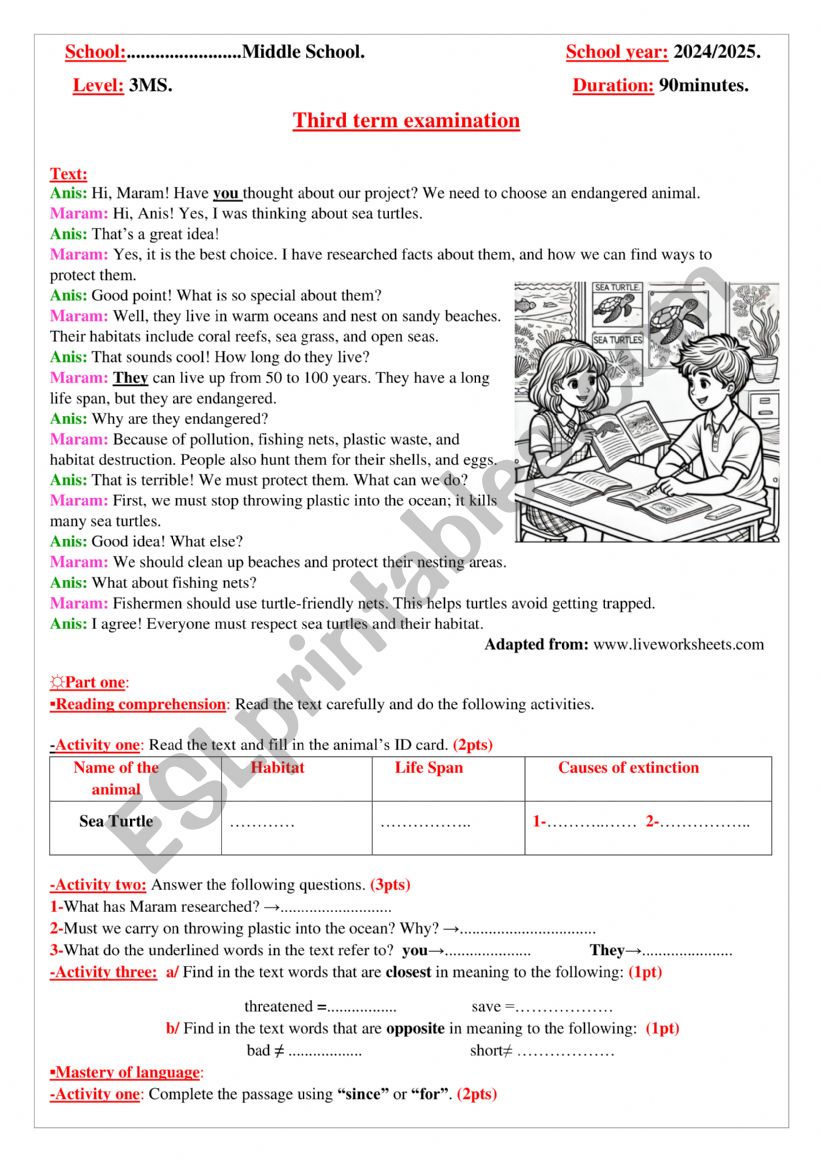 third term examiantion  worksheet