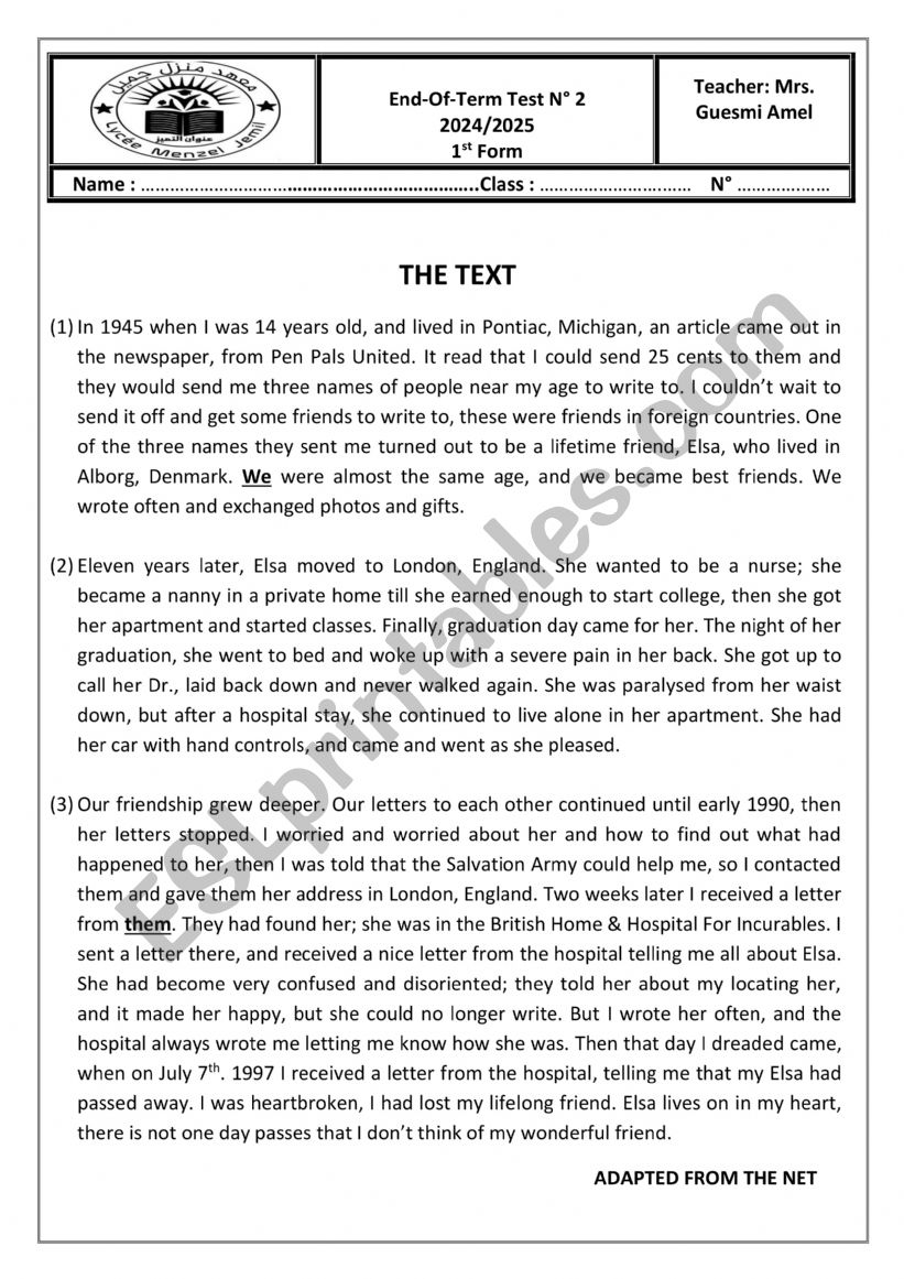 end of test three first form worksheet
