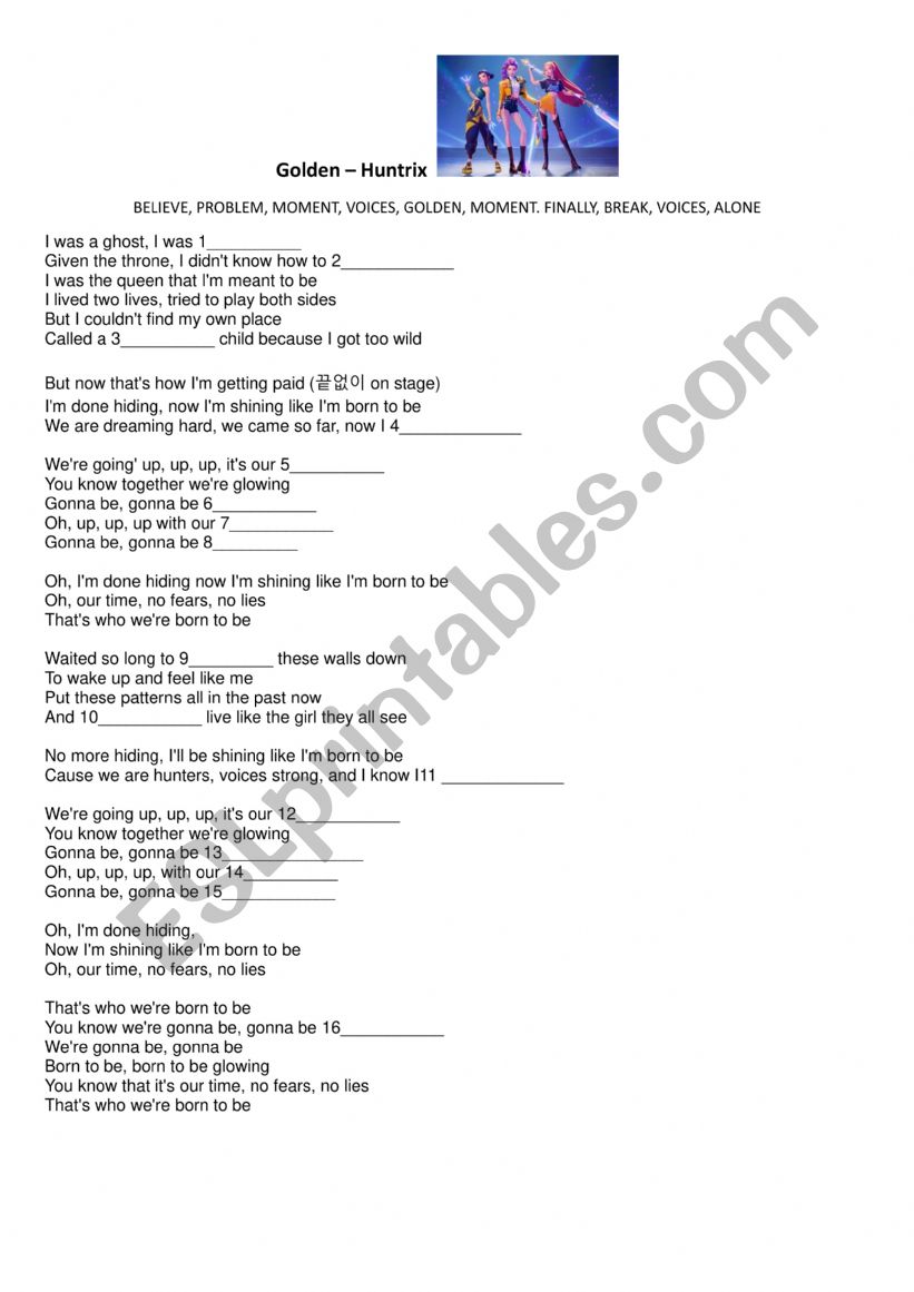 Song Golden - Huntrix worksheet
