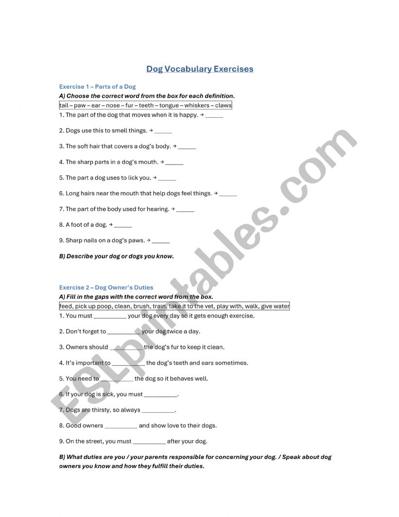 Dog - vocabulary exercises, speaking