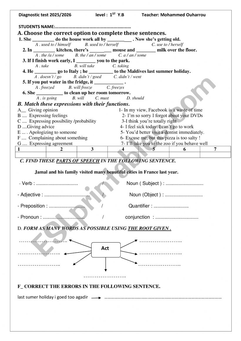 DIAGNOSTIC TEST worksheet