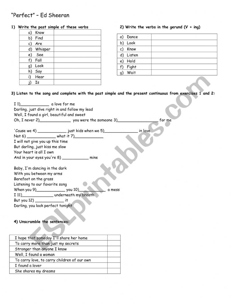 Song: Perfect worksheet