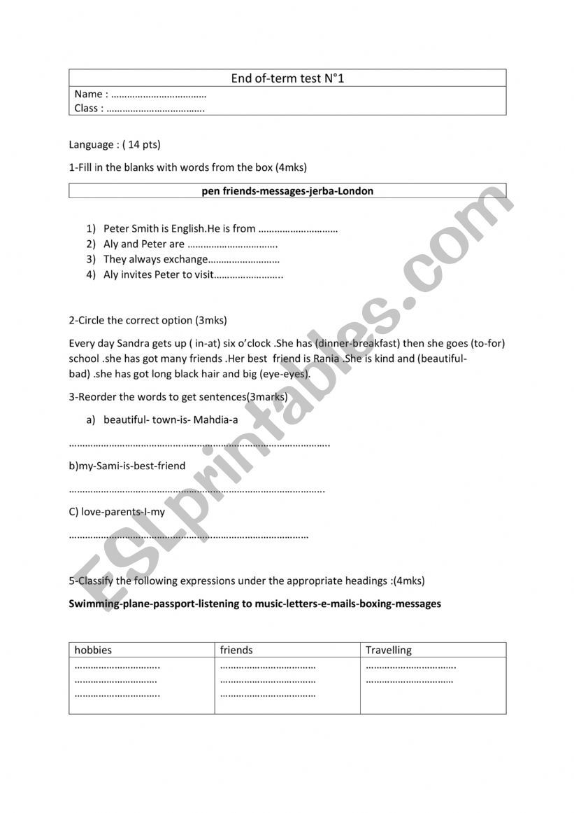 END OF TERM TEST worksheet