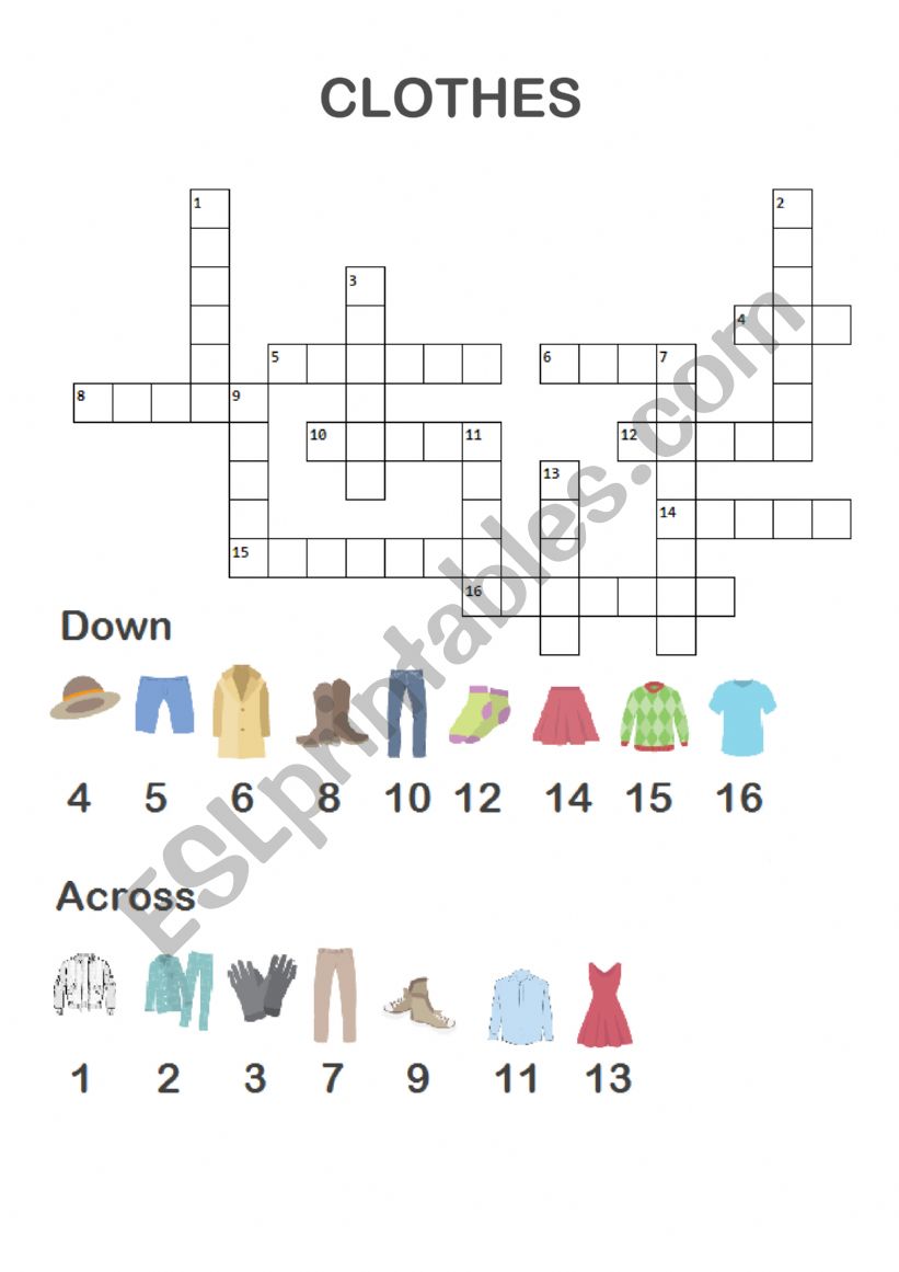 Clothes - Wordsearch and crossword